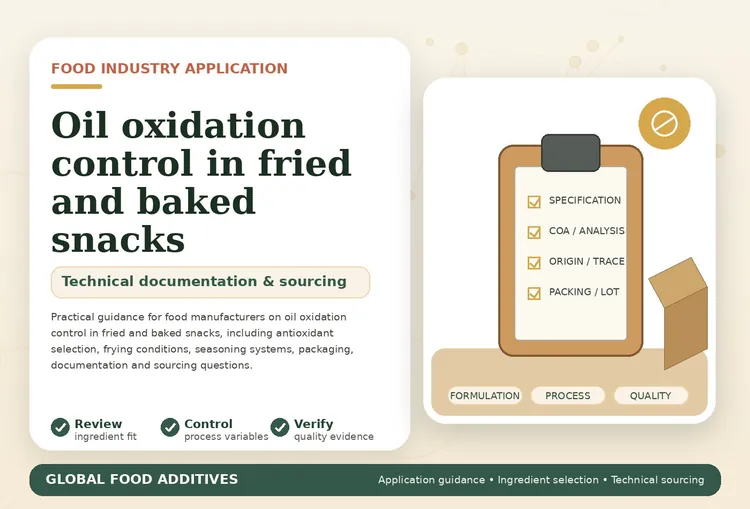 Oil oxidation control for fried chips, baked snacks and seasoning systems